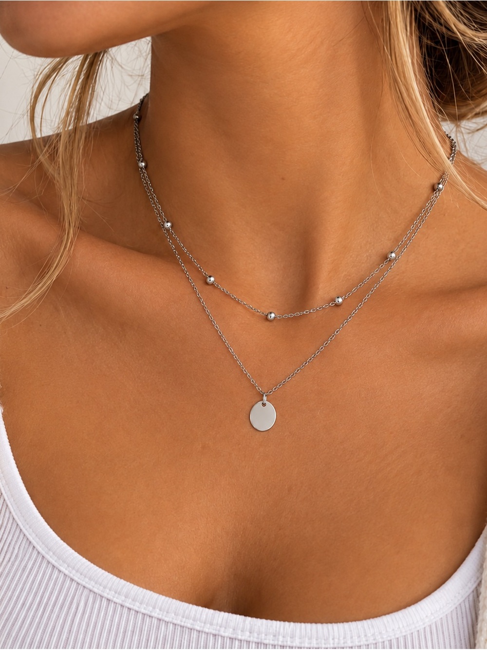 Silver Tone Circle Pendant Layered Necklace
